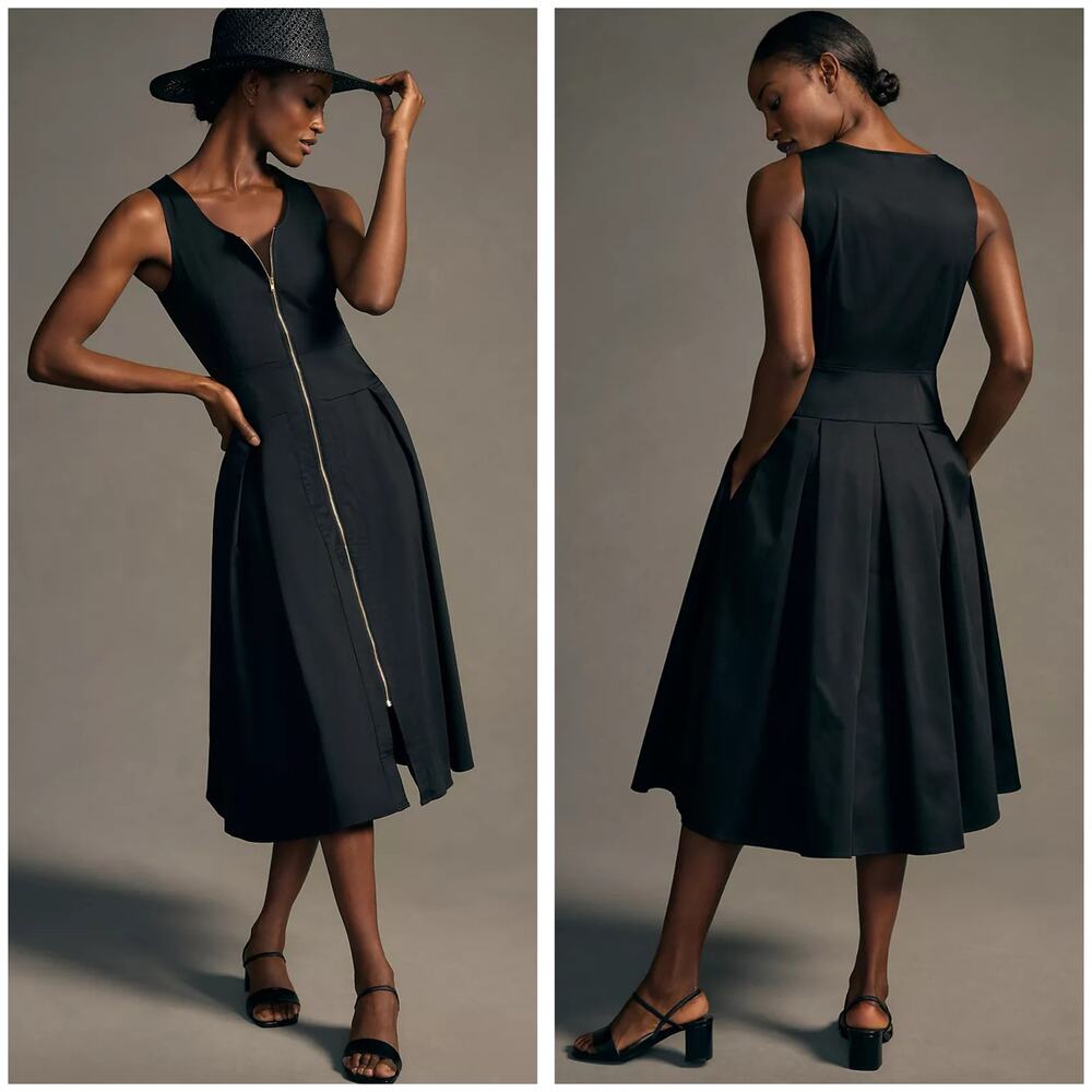 Hunter Bell Thompson Zip-Front Midi Dress Size 8 Black Pleated Minimalist Chic